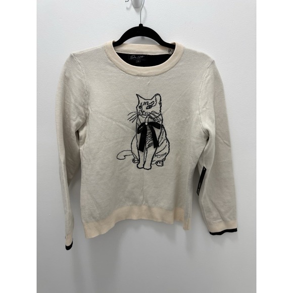 Cream Sweaters - On 12th Cream Cat Graphic Sweater Size Large Bow Detail Knit Top Viscose Blend